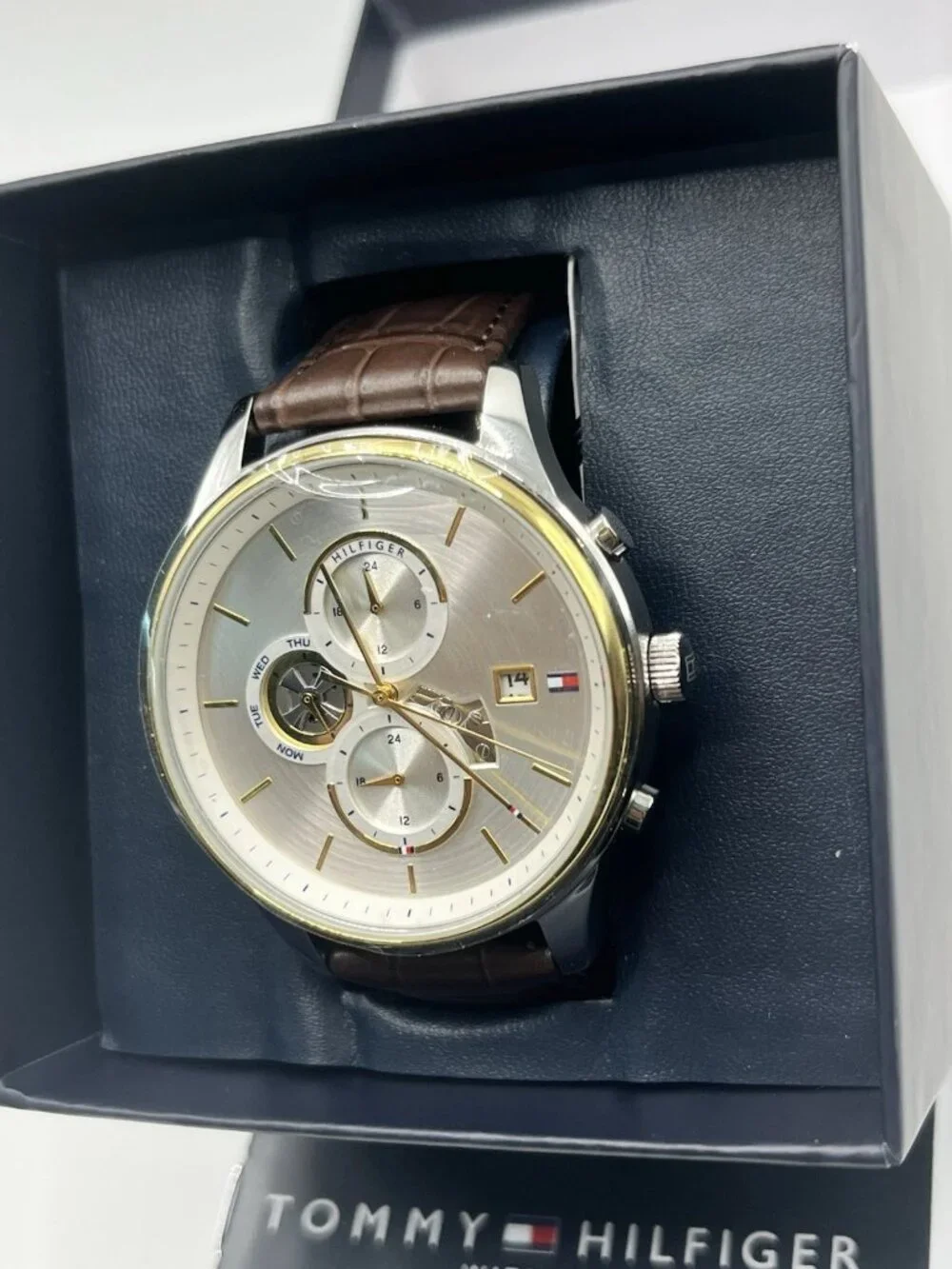 Tommy Hilfiger Men’s Multifunction Watch Silver Dial Brown Leather New-Open Box